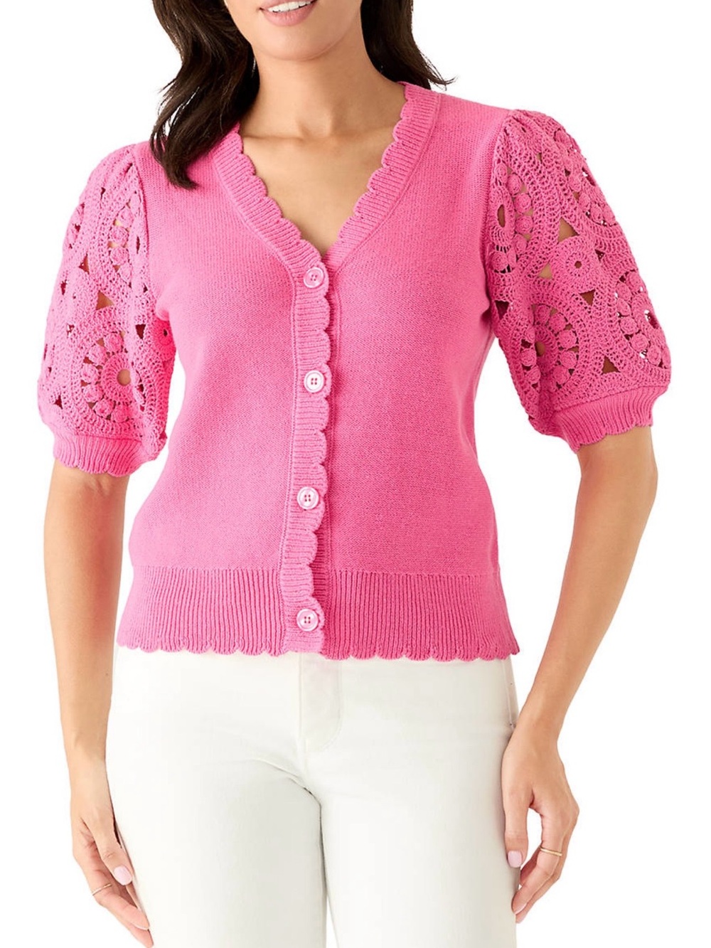 crown & ivy Pink Crochet Puff Sleeve V-Neck Cardigan medium